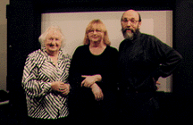 Elfriede Fischinger, Barbara Fischinger and Bill Moritz at a 1996 Lumograph performance at the Goethe Institute in Los Angeles.