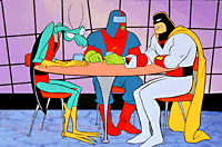 Space Ghost with his co-hosts  Zorak and Moltar.  Cartoon Network.