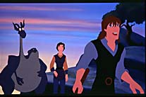 Quest for Camelot's blind hero, Garrett. In the background is  the two-headed dragon, Devon and Cornwall, and  Garrett's eventual love interest, Kayley.   1998 Warner Bros. All Rights Reserved.