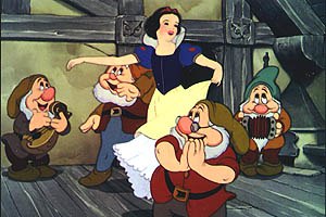 A rotoscoped Snow White appears less interesting visually than her dwarf friends. © Disney Enterprises, Inc. All rights reserved.