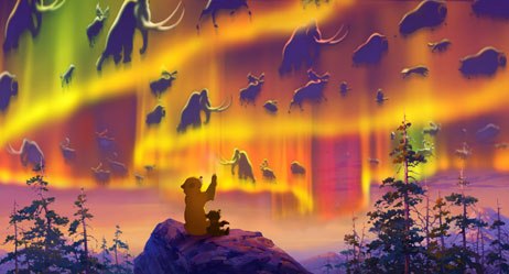 Kenai, a young man who has been transformed into a bear, and his cub friend, Koda (right), encounter the Great Spirits on the mountain where the light touches the earth.