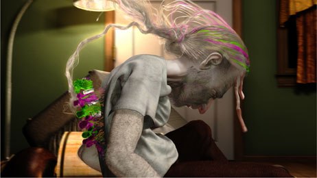 Animated with a hybrid Maya and Houdini pipeline, the pivotal moment for Dan is when he grows the glass, gelatinous spine and then sprouts hair that twists into a braid.