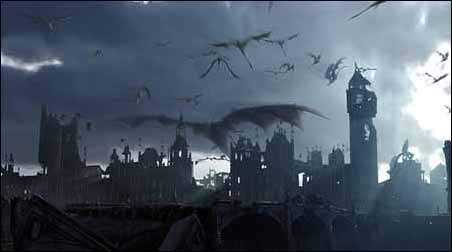 The Secret Lab studied flying dinosaurs before creating this dragon with a 300-foot wingspan and its offspring. Here, they fly high over the ruins of London, having burnt Big Ben and Parliament to ash. All images © Spyglass Entertainment Group,